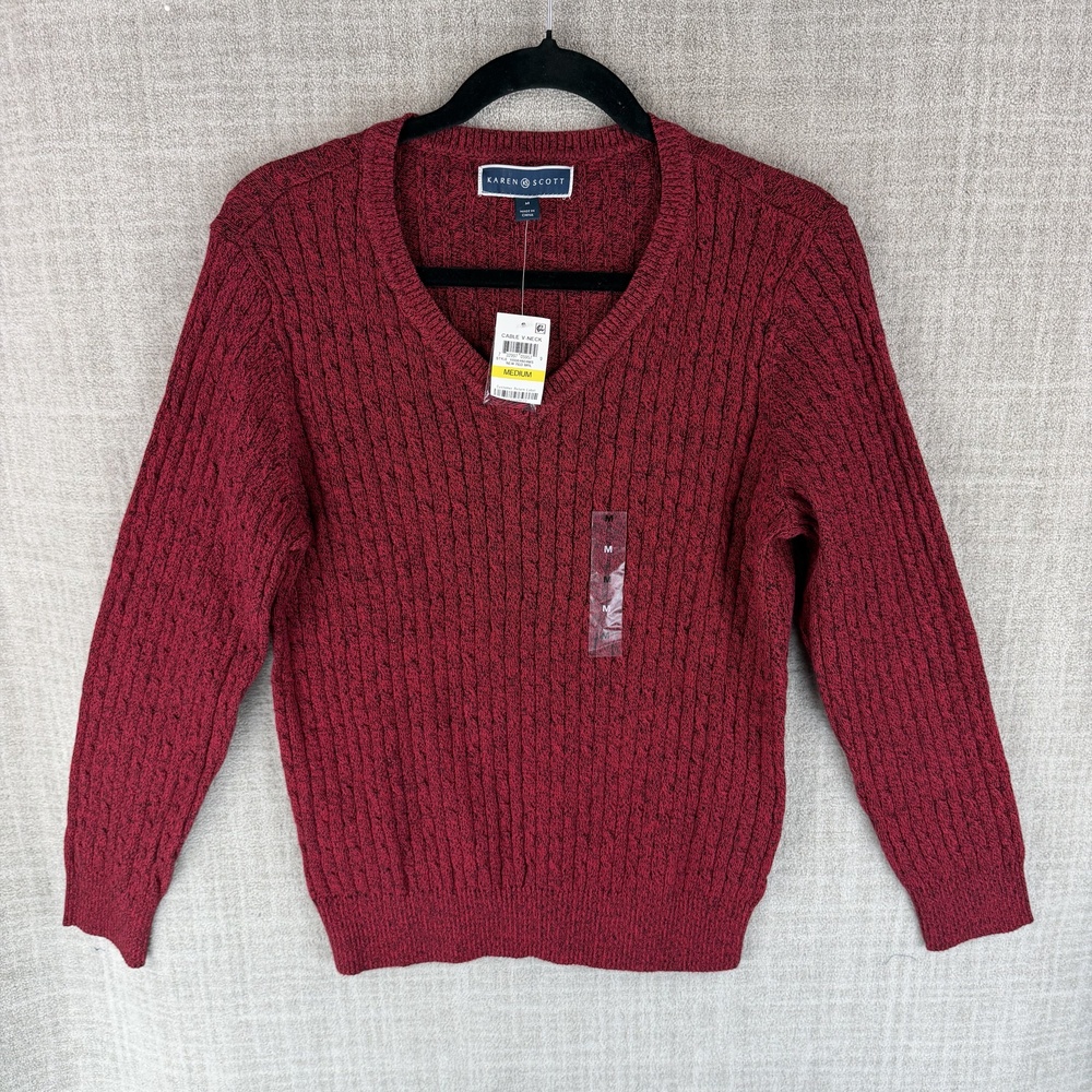 Karen Scott Sweater Womens M Red V-Neck Pullover Cable-Knit Cotton Heavyweight